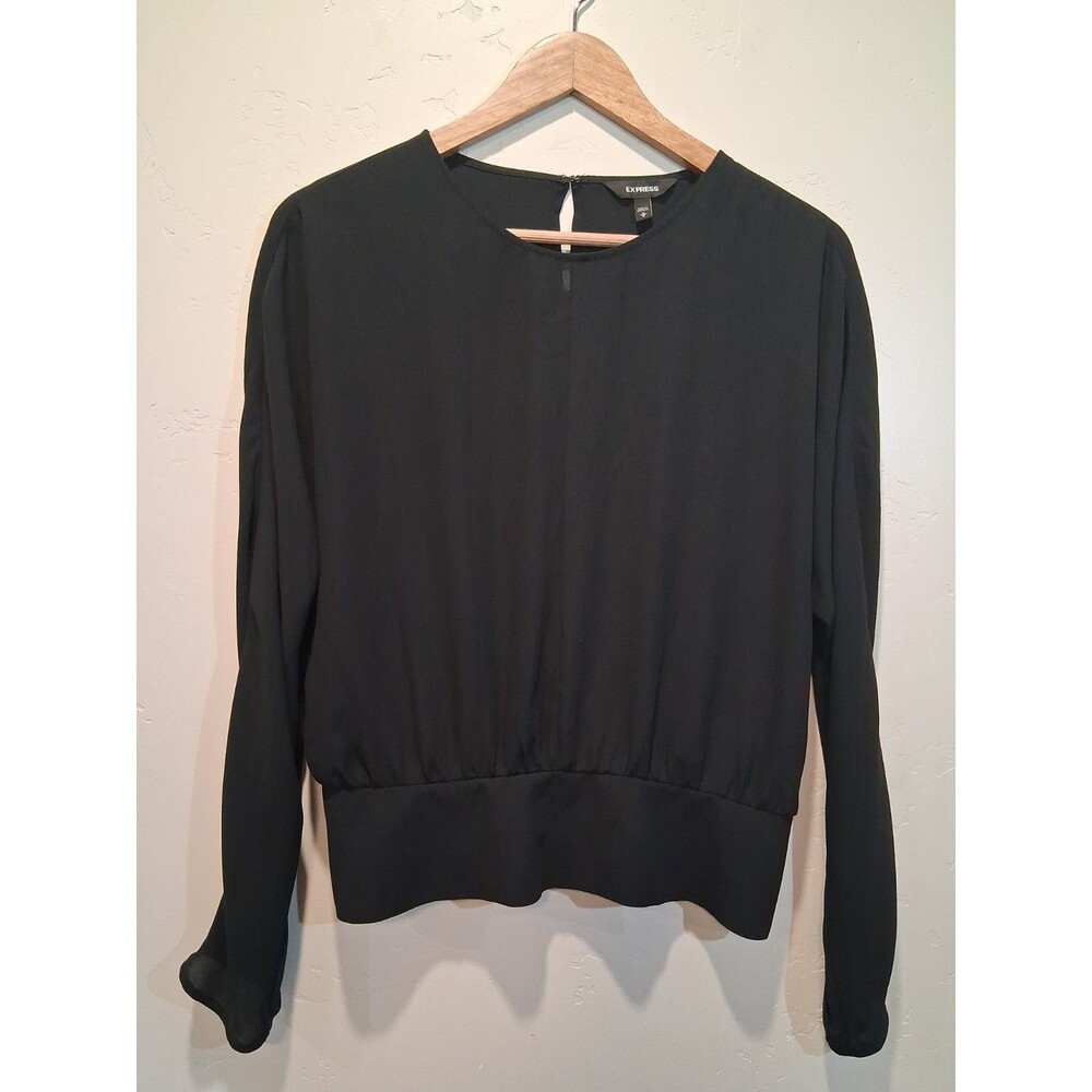 Express Sz M Black Dolman Long Sleeve Ruched Band Chiffon Minimalist Sleek Chic
